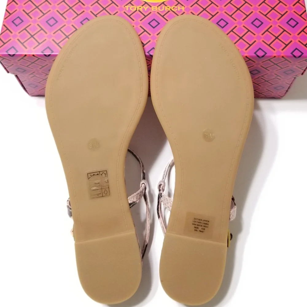 NIB Tory Burch Emmy Snake Printed‎ Leather T-Strap Flat Sandal in Misty Rose